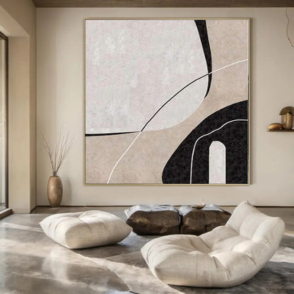 “Beige - Black - White Geometric Curves” – Geometric Abstract Painting CT1162