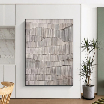 “Repetitive Gray Ridges” - Gray & White Minimalist Textured Painting On Canvas DKH1034