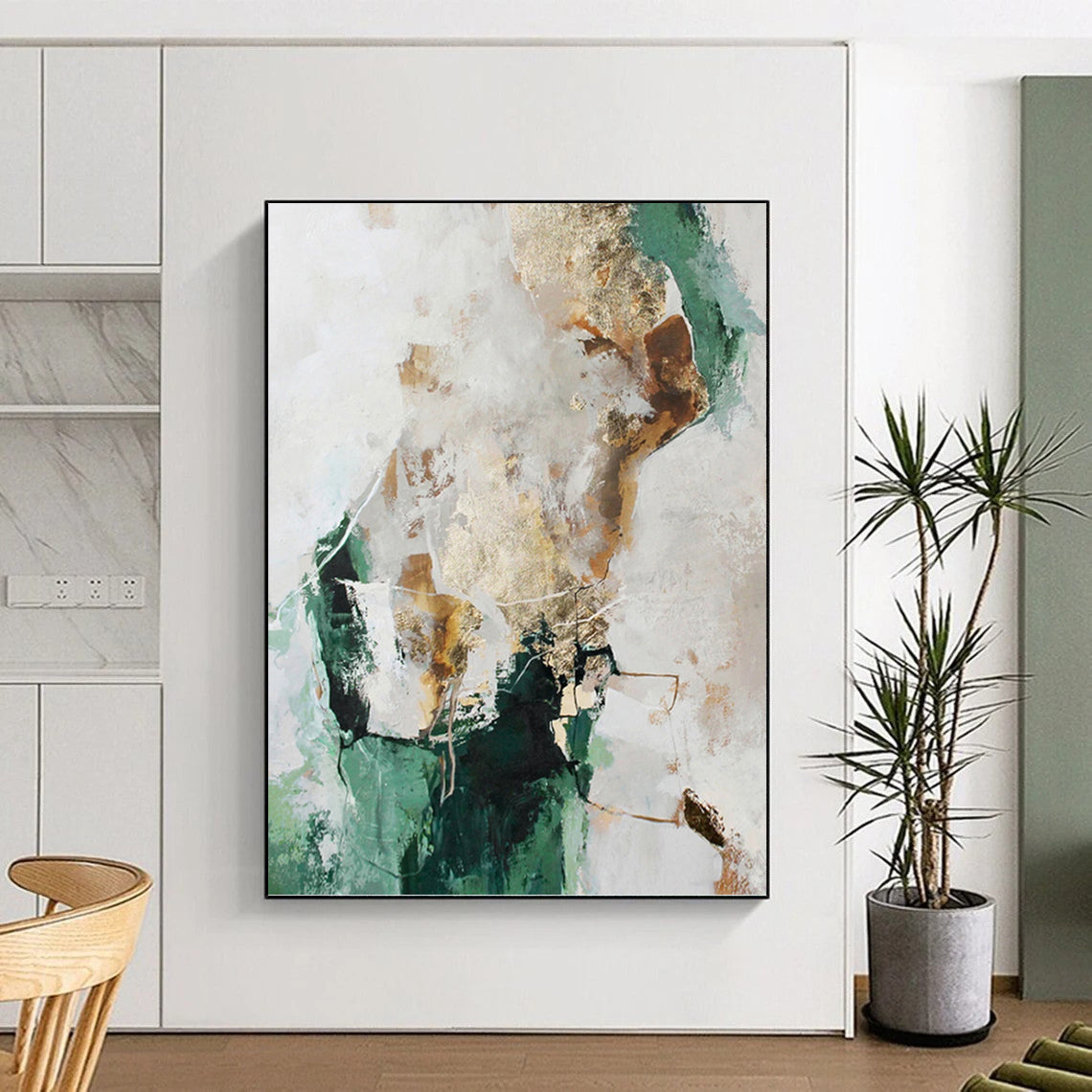 “Green, Gold & White Abstract” - Green, Gold & White Modernist Painting On Canvas DKH1008