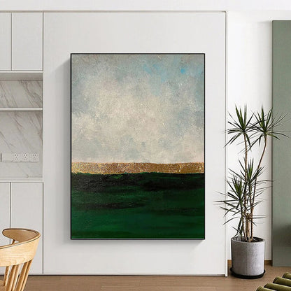 “Gold Horizon Over Green Sea” - Gray, Gold & Green Abstract Seascape Painting On Canvas DKH1206