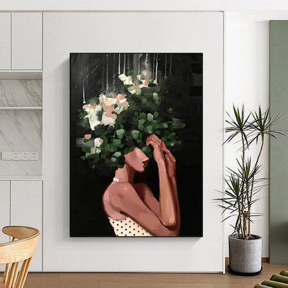 “Black, Green, White Floral Head ‘Botanical Elegance’” - Figurative Flower Painting On Canvas DTP323