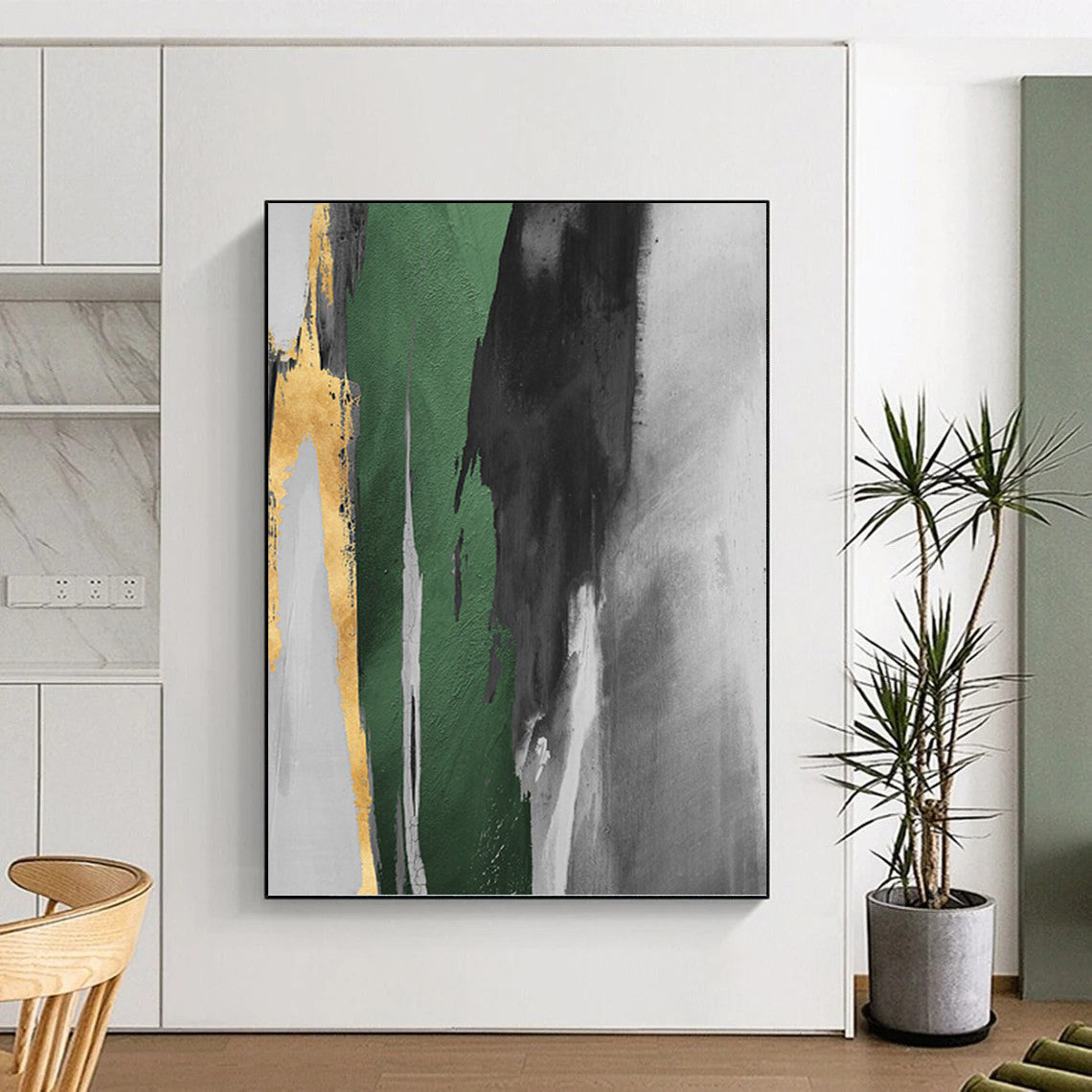 “Gilded Green Streak” - Green, Gold, Gray & White Abstract Brushstrokes Painting On Canvas DKH1522