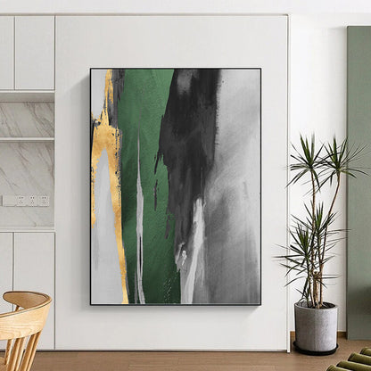 “Gilded Green Streak” - Green, Gold, Gray & White Abstract Brushstrokes Painting On Canvas DKH1522