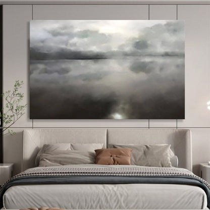 “Misty Gray Lake Reflection” Monochromatic Watercolor - style Painting On Canvas DLZ124