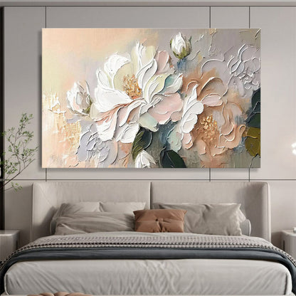 “Soft Blossom Touch” - White, Pink, Beige Textured Floral Impasto Painting On Canvas DKH713