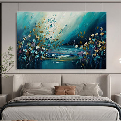 Riverbank Blooms - Teal & Gold Floral Landscape Painting On Canvas DKH879