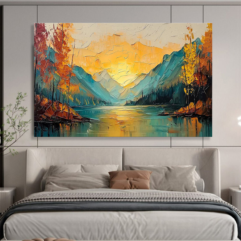 “Autumn Mountain Lake - Warm Gold & Cool Teal Landscape Painting On Canvas” DKH861