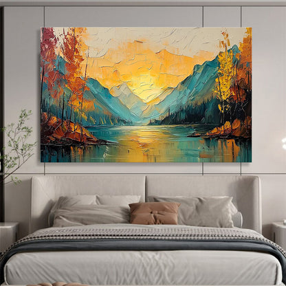 “Autumn Mountain Lake - Warm Gold & Cool Teal Landscape Painting On Canvas” DKH861