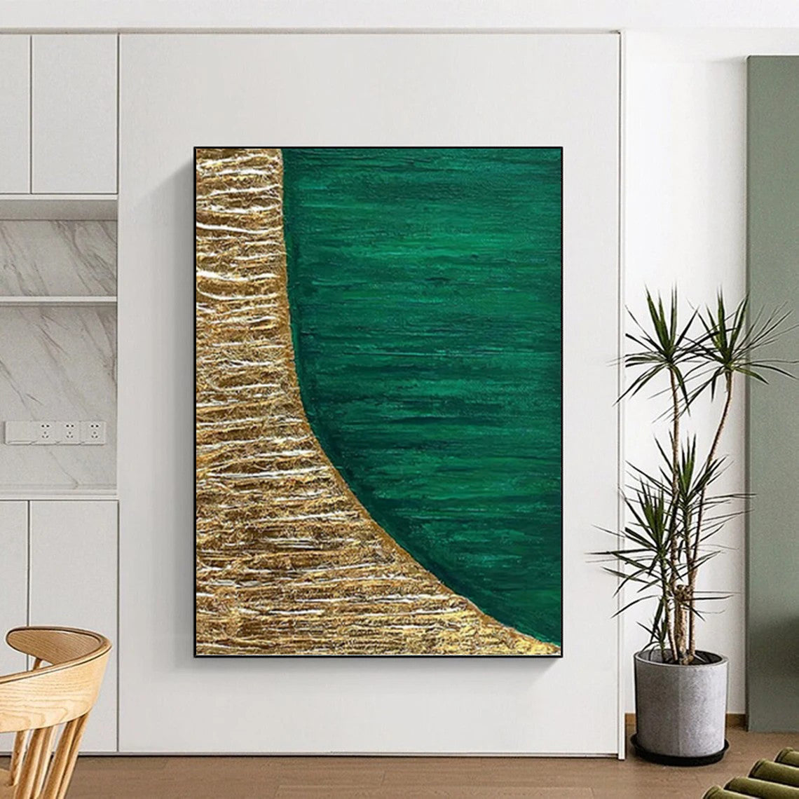 “Gold & Emerald Abstract Shape” - Gold & Emerald Green Abstract Painting On Canvas DKH1219
