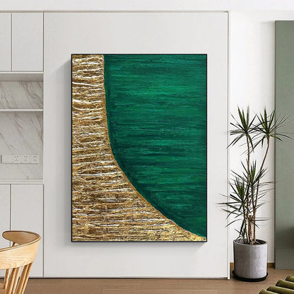 “Gold & Emerald Abstract Shape” - Gold & Emerald Green Abstract Painting On Canvas DKH1219