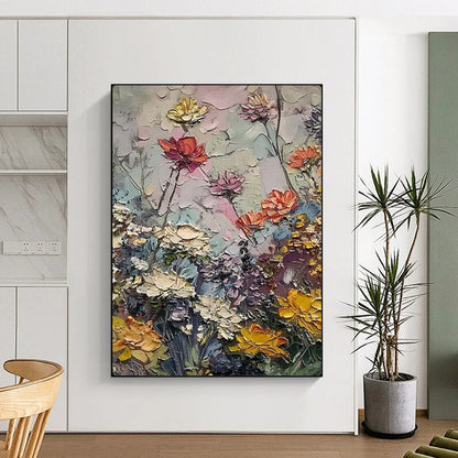 “Textured Colorful Flower Garden” – Impasto Floral Oil Painting On Canvas CT2142
