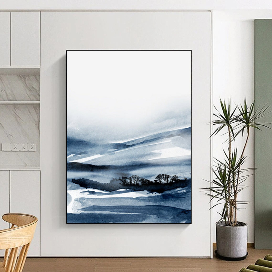 “Blue - White Ink Landscape” - Blue, White Abstract Landscape Painting On Canvas DTP231