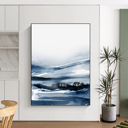 “Blue - White Ink Landscape” - Blue, White Abstract Landscape Painting On Canvas DTP231