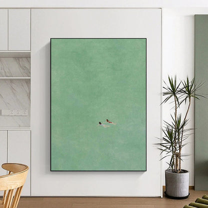 “Two Swimmers in Green” - Green, Blue, Red Minimalist Figurative Painting On Canvas DTP305