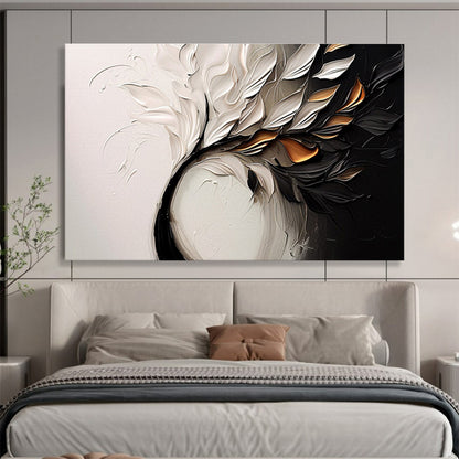“Textured White & Gold Foliage” - White, Black, Gold 3D Floral Painting On Canvas DKH748