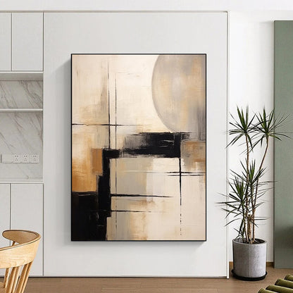 “Black, White, Beige Geometric Abstraction ‘Structured Serenity’” - Textured Abstract Painting On Canvas DTP356