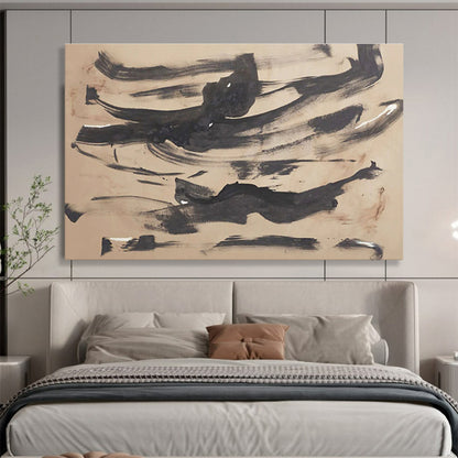 “Ink - Wash Abstraction” - Black, Beige Minimalist Brushstroke Painting On Canvas DKH735