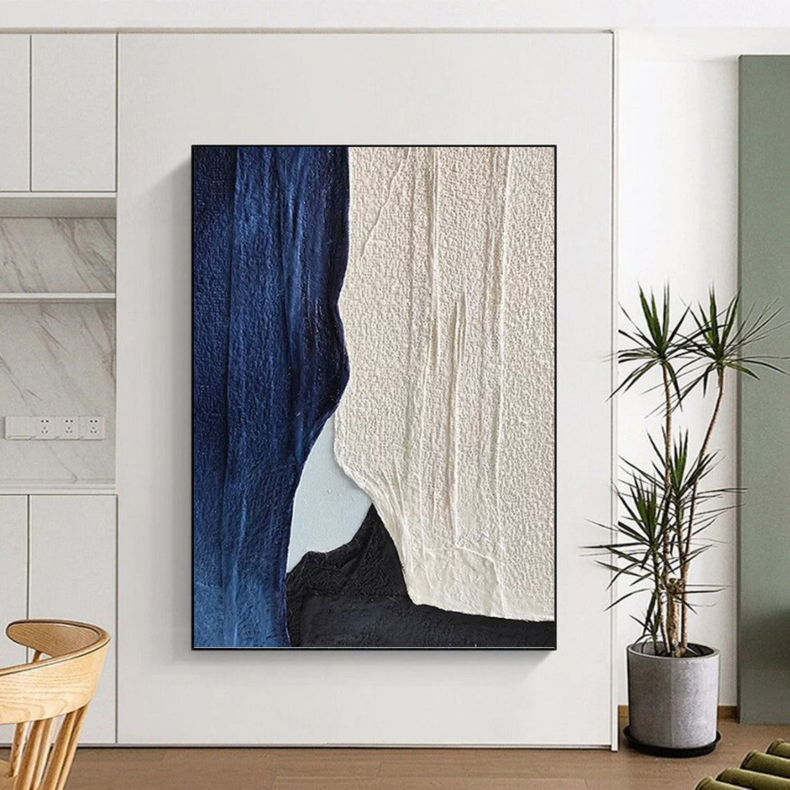 “Indigo & Ivory” - Indigo, Ivory & Black Textured Abstract Shapes Painting On Canvas DKH1547