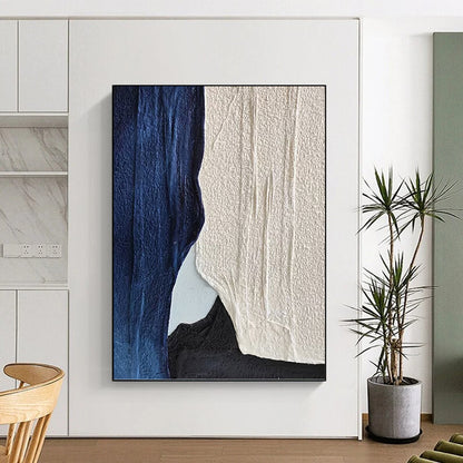 “Indigo & Ivory” - Indigo, Ivory & Black Textured Abstract Shapes Painting On Canvas DKH1547
