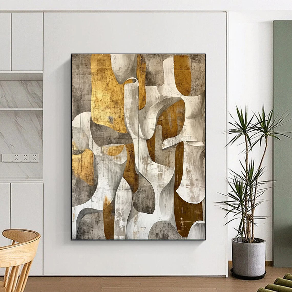 “Gold - Gray Abstract Shapes” - Modernist Impasto Painting On Canvas DTP011