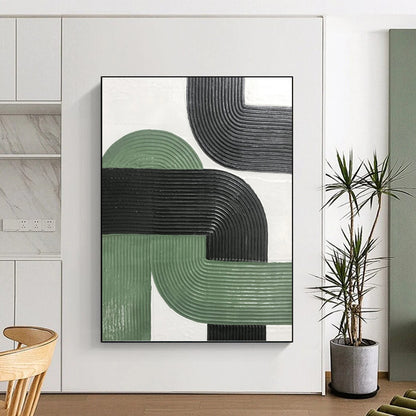 “Intertwined Paths” - Green & Black Ribbed Geometric Painting On Canvas DKH1171