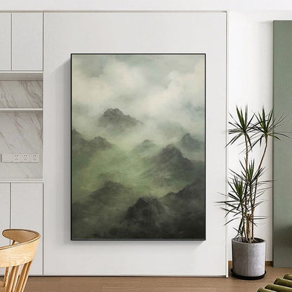 Misty Mountain Landscape in Green and Gray - Landscape Painting On Canvas DKH1480