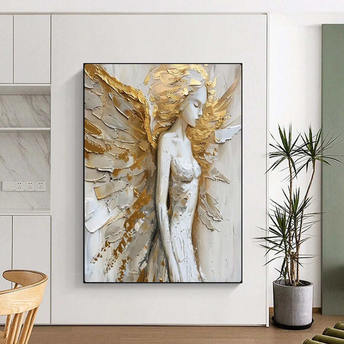 “Golden - Accented Angel Figure” – Textured Religious - Inspired Oil Painting On Canvas CT2138