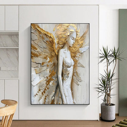 “Golden - Accented Angel Figure” – Textured Religious - Inspired Oil Painting On Canvas CT2138