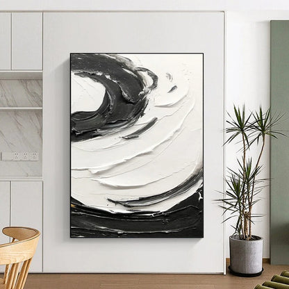 “Black, White Textured Swirls ‘Bold Rhythm’” - Impasto Abstract Painting On Canvas DTP380
