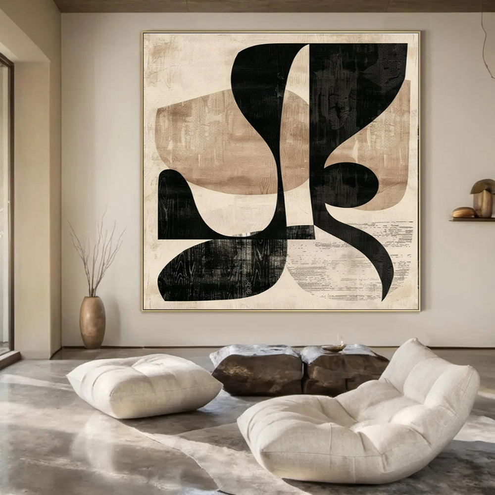 Beige - Black Abstract Shapes - Modern Abstract Collage - like Painting CT1420