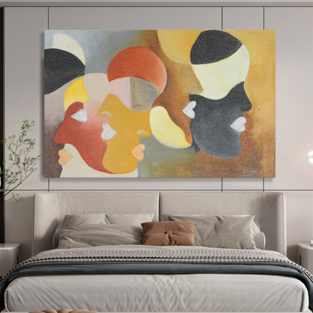 “Geometric Faces in Muted Hues - Reds, Yellows, and Blacks” Painting On Canvas DKH003