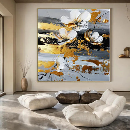 Gold - Accented White Flowers II - Abstract Floral Mixed - Media CT1255