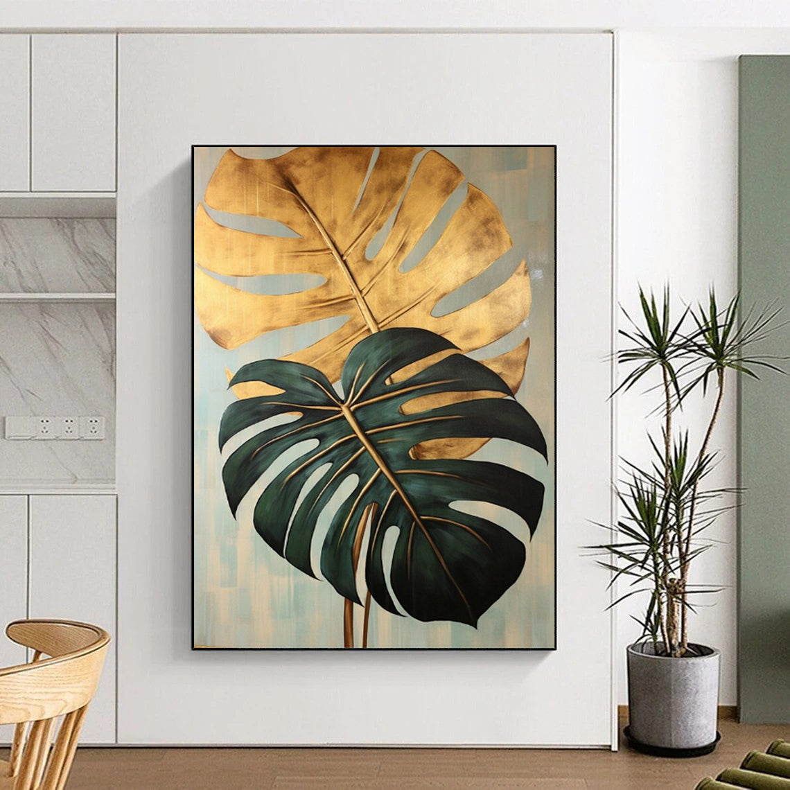 “Gilded Monstera Leaves” - Gold & Green Monstera Leaves Painting On Canvas CT2195