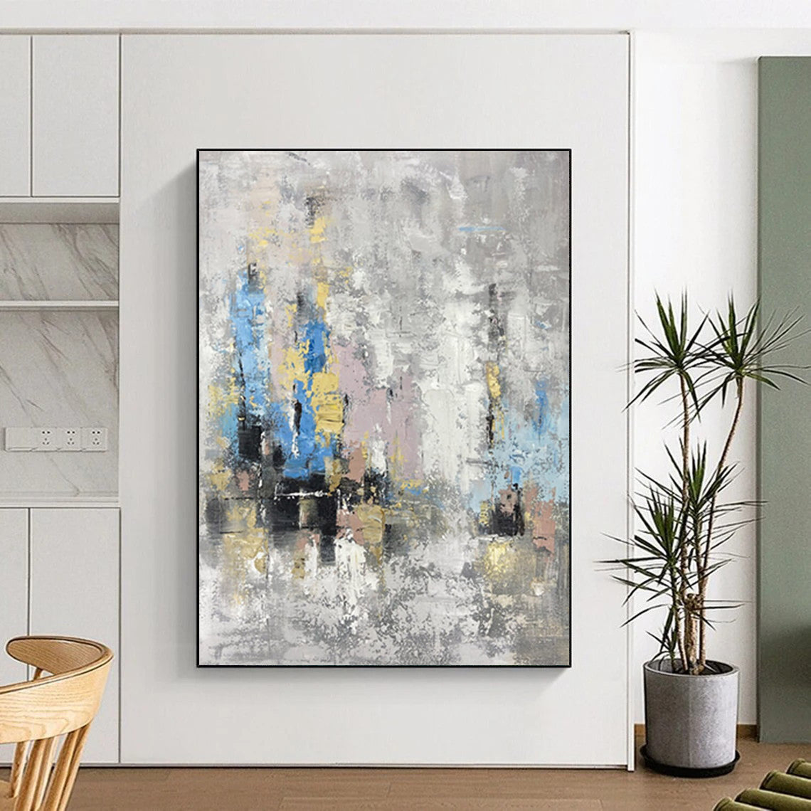 “Gray and Colorful Abstract City” - Gray, Blue, Yellow, Pink Abstract Painting On Canvas DTP248