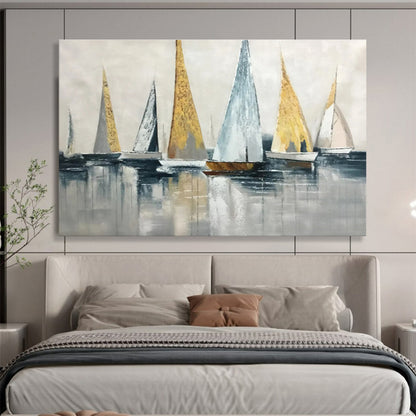 “Gold and Gray Sailboat Abstract” Painting On Canvas DKH169