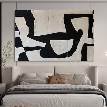 “Black & White Collage Abstraction” - Black, White Minimalist Collage Painting On Canvas DKH745