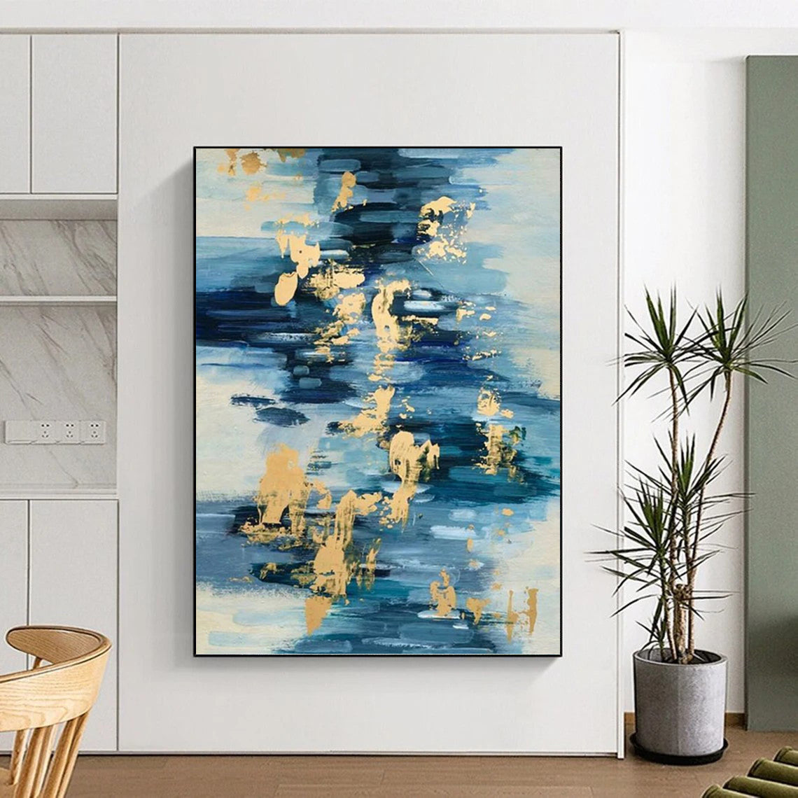 “Blue - Gold Fluid Reflections” - Blue, White & Gold Abstract Water - Inspired Painting On Canvas DKH0931