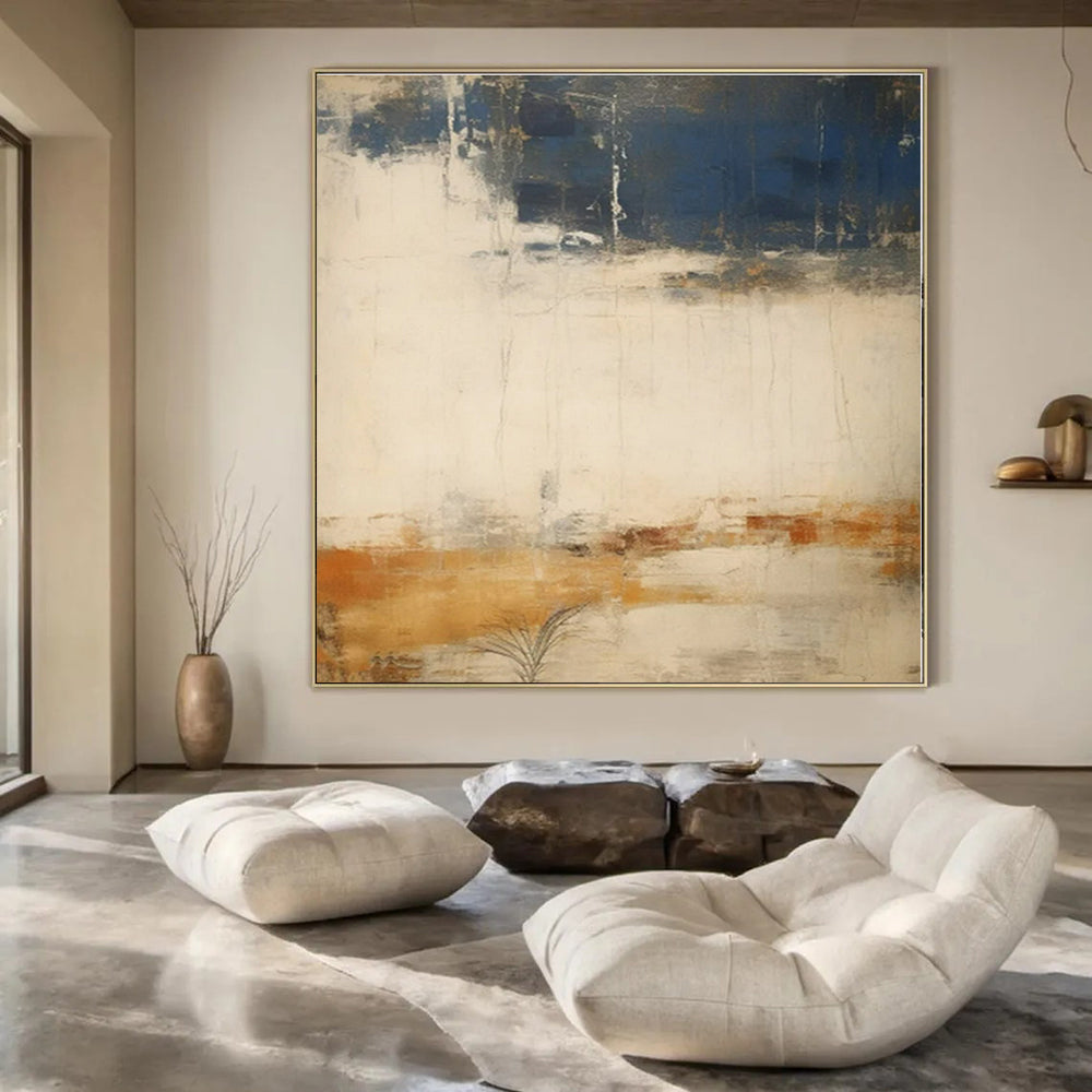 Navy, Orange & Neutral Tones - Abstract Expressionist Acrylic On Canvas CT1341