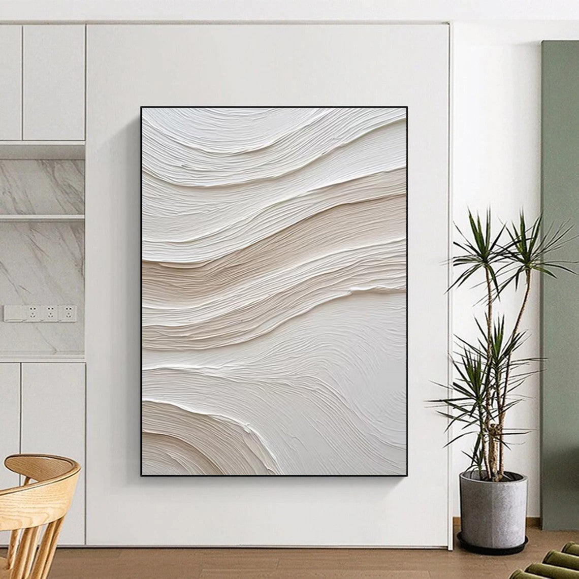 White - Beige Wavy Textures, “Cloud Drift” - Textured Abstract Plaster Painting CT0722