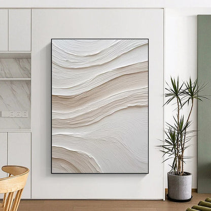 White - Beige Wavy Textures, “Cloud Drift” - Textured Abstract Plaster Painting CT0722