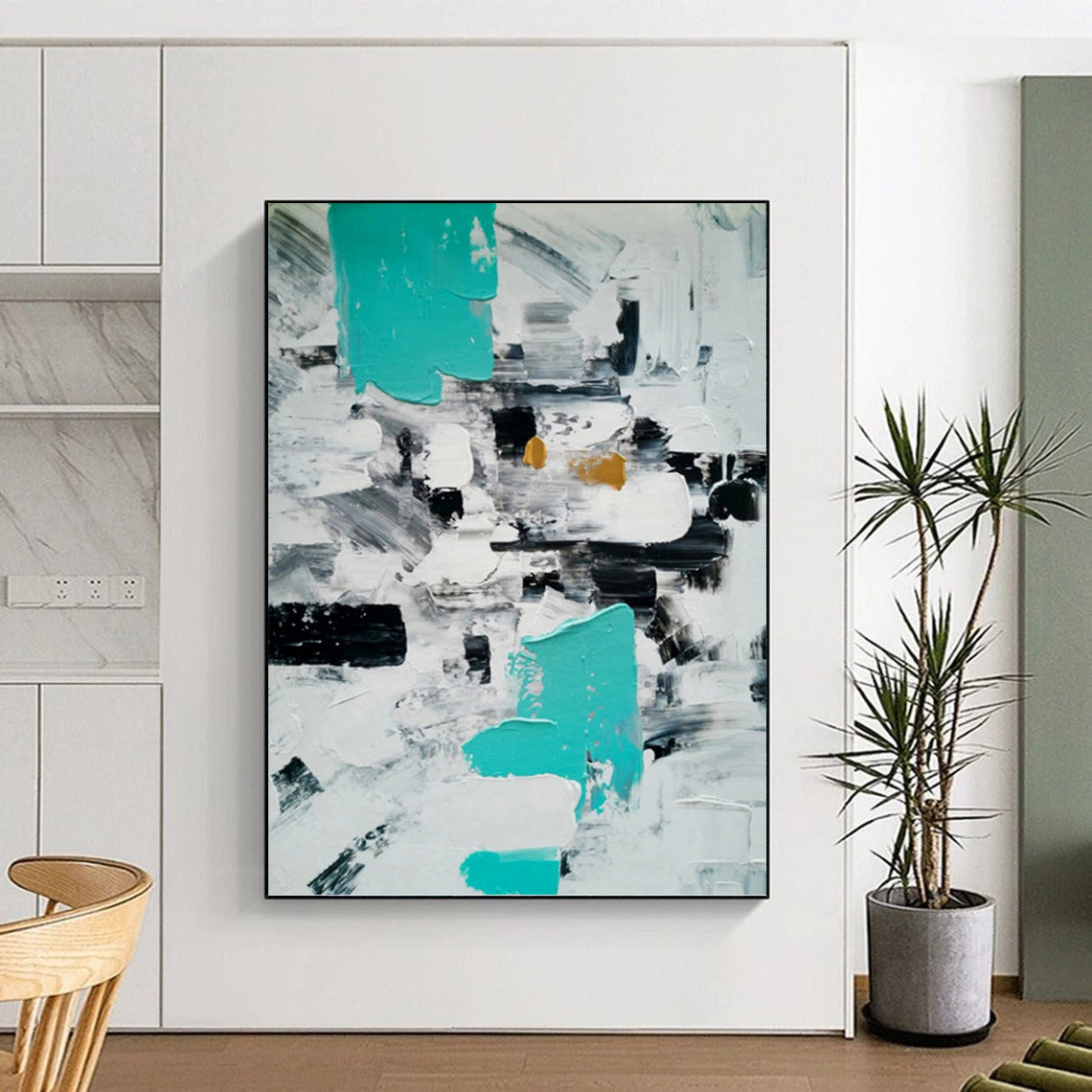 Turquoise, Gray, and Gold Abstract Blocks - Modern Abstract Painting On Canvas DKH1347