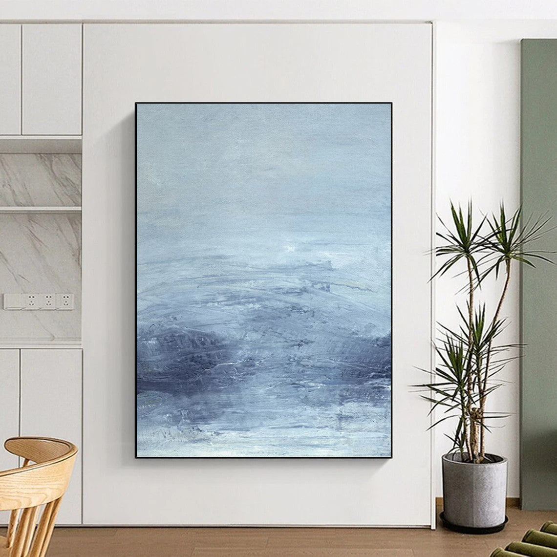 “Soft Blue Gradient Landscape” - Blue & Gray Minimalist Seascape Painting On Canvas DKH0968