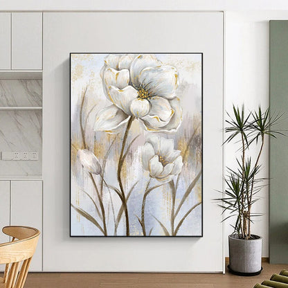 “Elegant White Blossoms: Gold - Accented Floral Art” - Mixed - Media on Canvas CT1906
