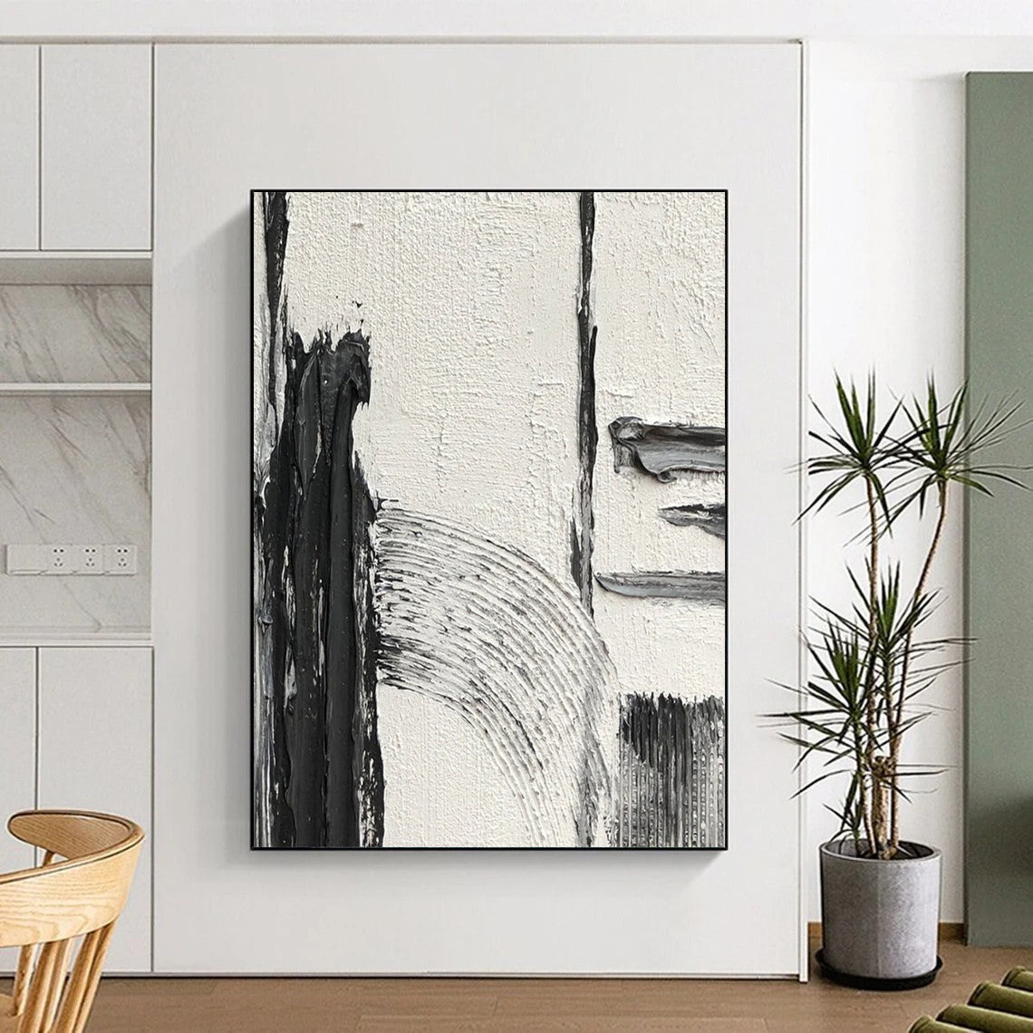 “White, Black Textured Shapes ‘Quiet Contrast’” - Impasto Abstract Painting On Canvas DTP386