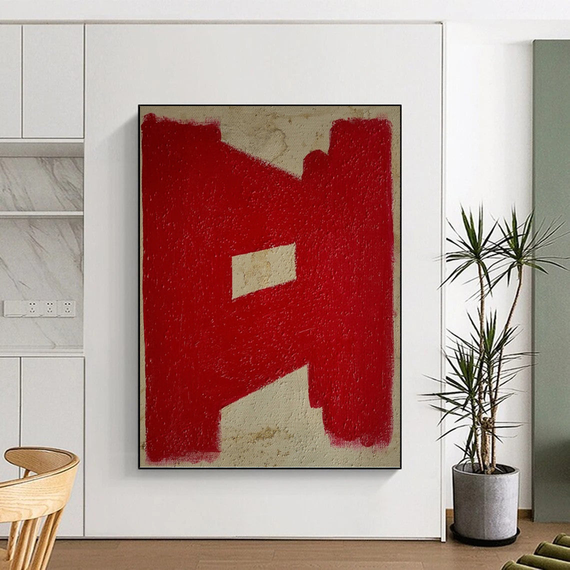 “Red Geometric Shape on Beige” - Minimalist Abstract Painting On Canvas DKH1076