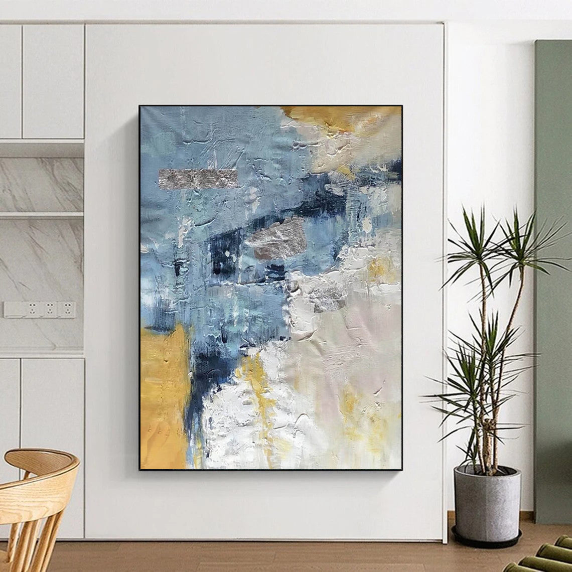 “Textured Blue - Gold Abstract” - Blue, Gold, Gray Abstract Painting On Canvas DTP255