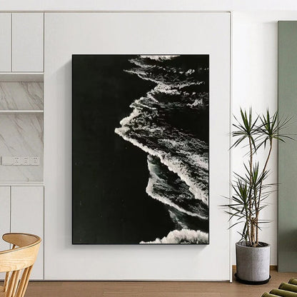 “Black, White Textured Waves ‘Nocturnal Tide’” - Impasto Monochrome Sea Painting On Canvas DTP349