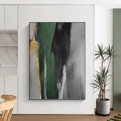“Green - Gray - Gold Bold Strokes” - Green, Gray & Gold Abstract Expressionist Painting On Canvas DKH0932