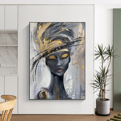 “Elegant Gold - Hatted Lady” - Gray, Black & Gold Abstract Portrait Painting On Canvas CT2197