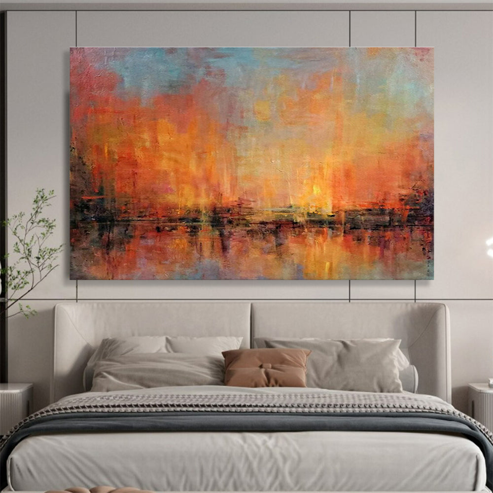 “Orange & Blue Abstract Sunset” Abstract Impressionist Painting On Canvas DKH386